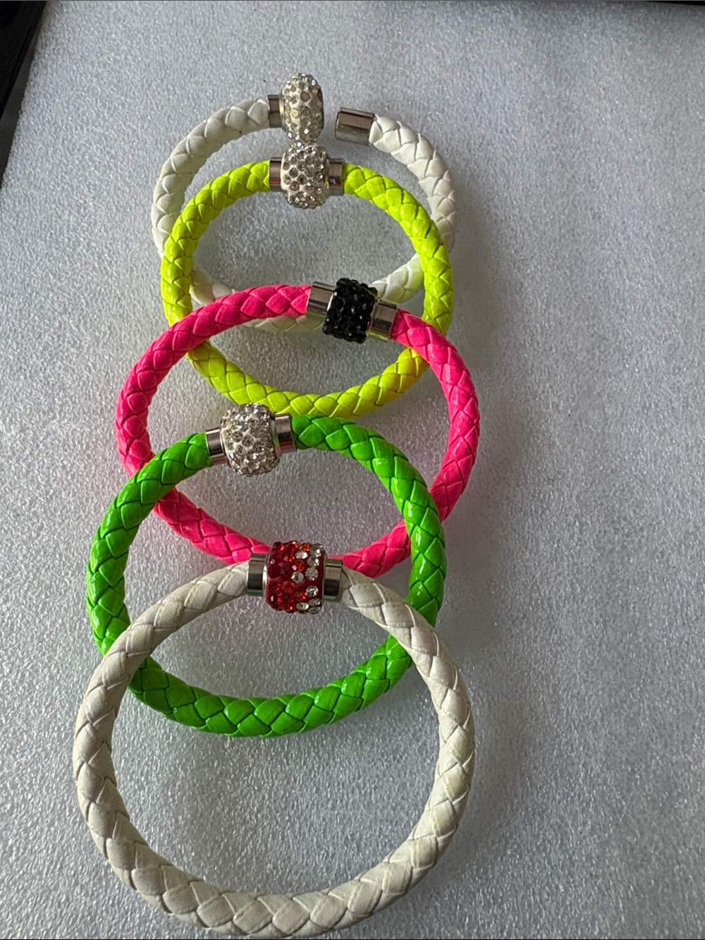 Braided Leather Stackable Bracelet Set - Neon Pink, Neon Green, Yellow & White 5